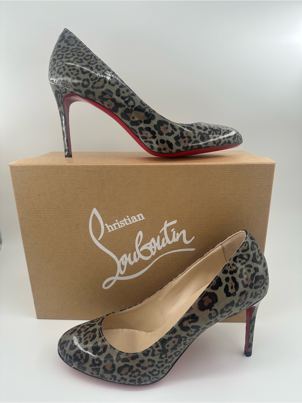 Christian Louboutin Fifi 80 Grey Leopard Patent Pumps EU 38